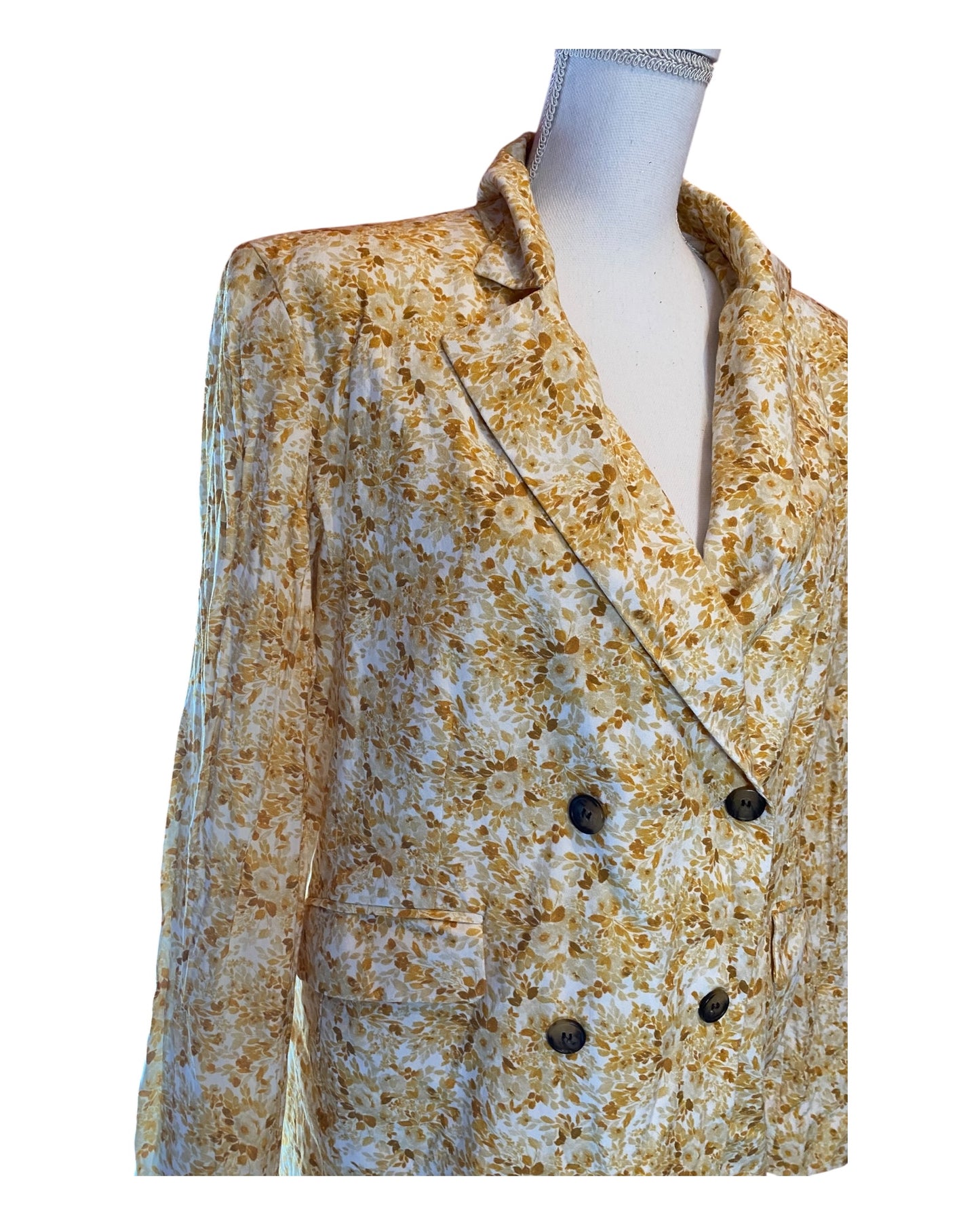 🌼 Blazer femme XXL – Céleste – jaune et blanc fleuri – léger – peut se fermer ou non