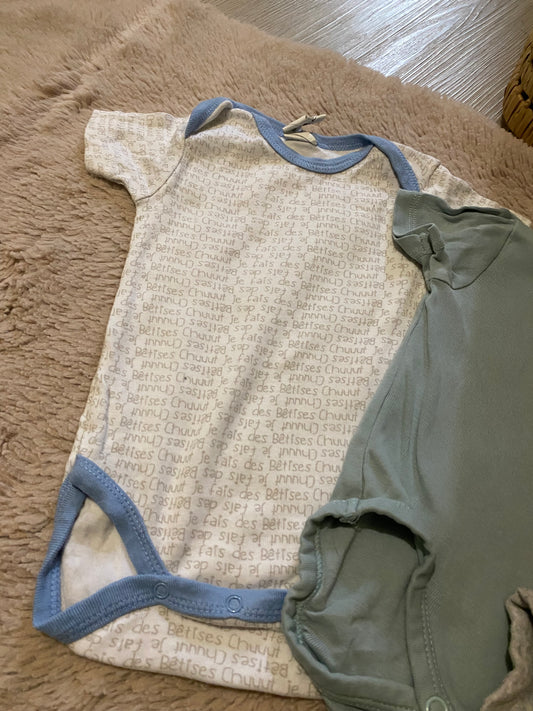 Lot 3 bodies manches courtes gris & bleu – H&M & Primark – 3 mois