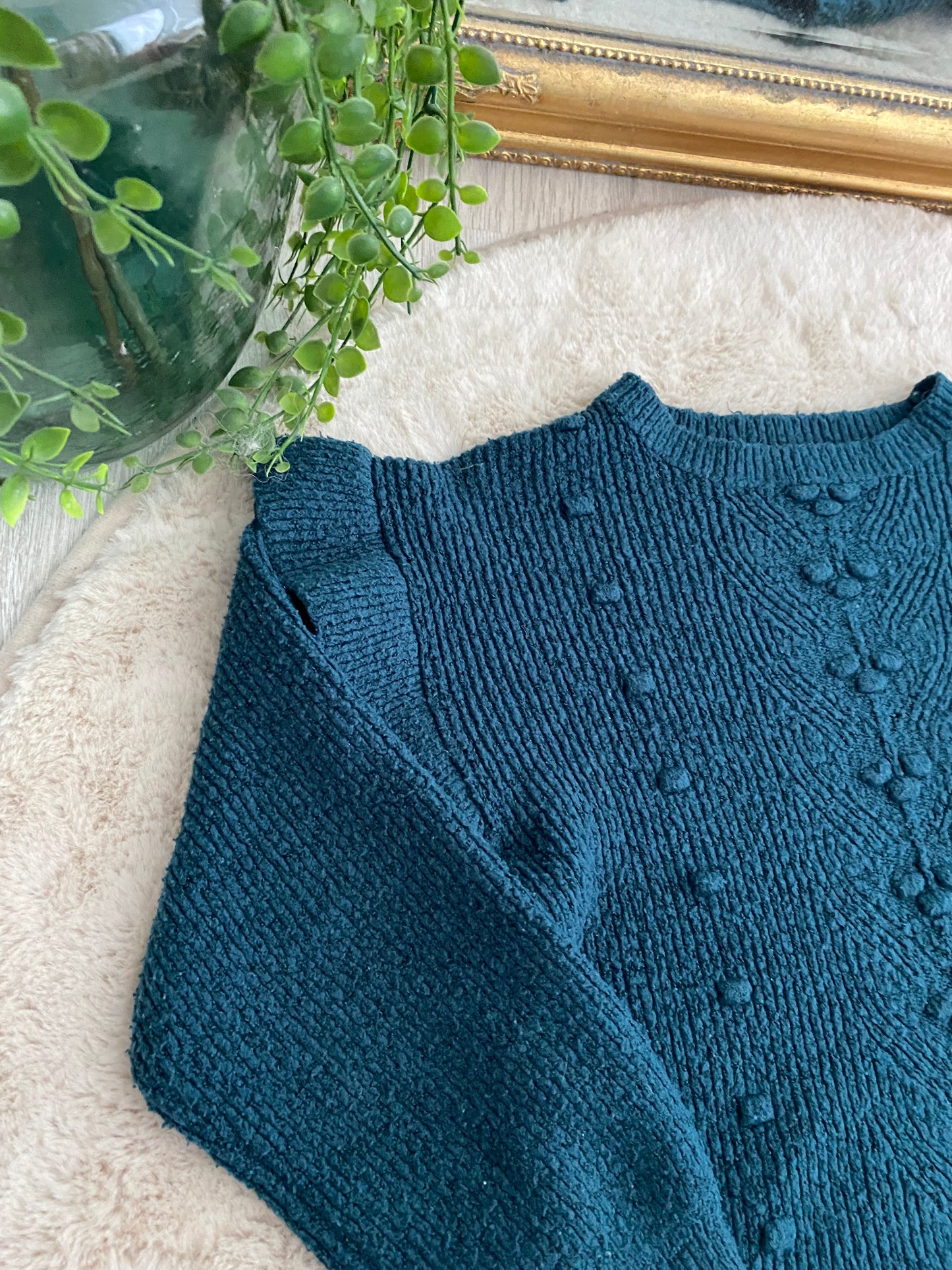 Pull bleu canard à pompoms – Gémo – 8 ans