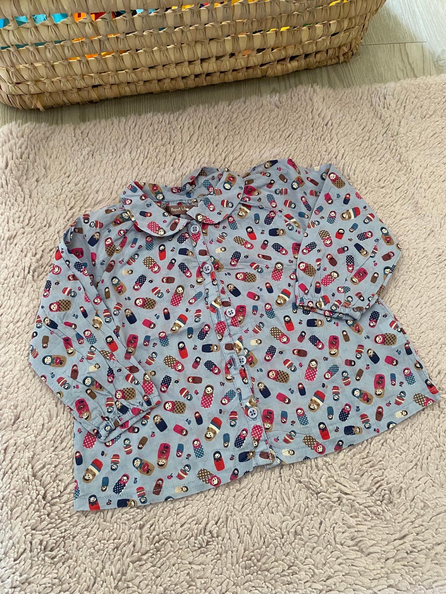 💙 Blouse bleu clair motifs poupées russes – Bout’chou – 6 mois
