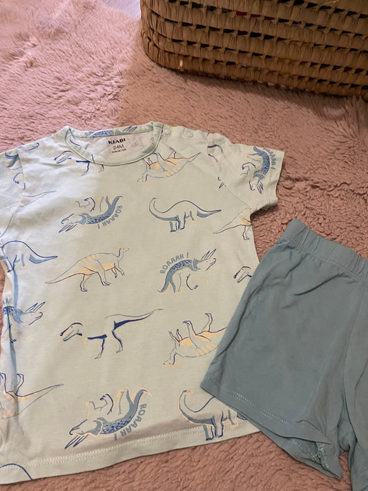 🦕 Pyjama bébé 24 mois – Kiabi – manches courtes + short – motif dinosaure bleu ciel