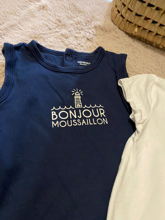 👕 Lot 3 bodies bébé 36 mois – Vertbaudet – 2 débardeurs + 1 manches courtes – Motif marin