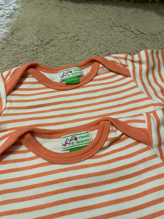 👶 Lot 2 bodies manches longues 9 mois – rayés rose & blanc – Manon et Valentin