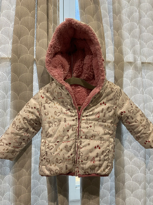 🌸 Doudoune rose et blanche motif forêt – Losan – 6/9 mois