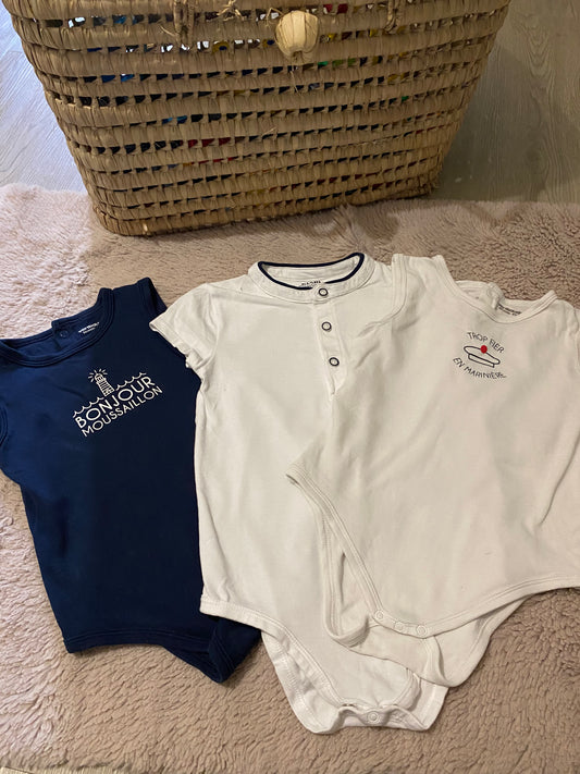 👕 Lot 3 bodies bébé 36 mois – Vertbaudet – 2 débardeurs + 1 manches courtes – Motif marin