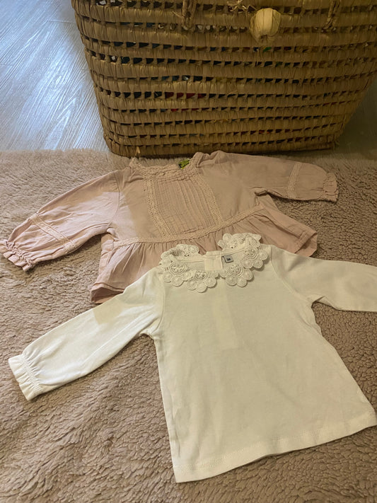 Lot 2 blouses bébé – Rose & blanche – 3 mois – Tape à l’œil & sans marque
