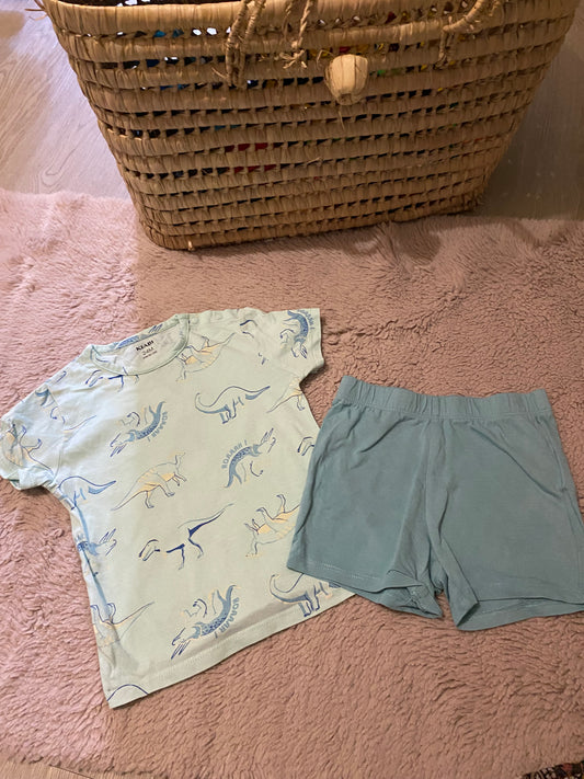 🦕 Pyjama bébé 24 mois – Kiabi – manches courtes + short – motif dinosaure bleu ciel