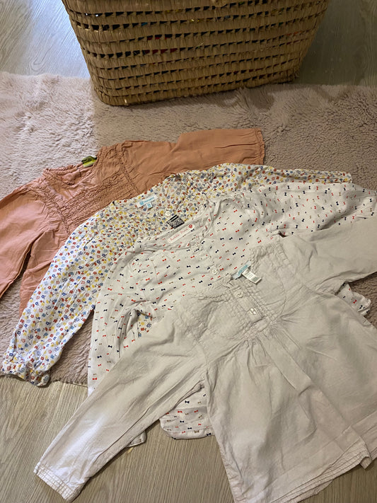 👚 Lot 4 blouses bébé fille – 18 mois – blanc, écru & rose – TAO, Obaïbi, Super U