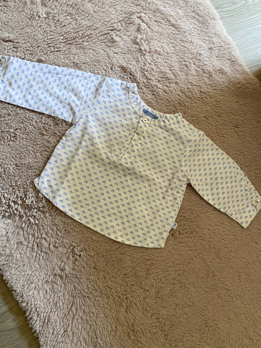 🤍 Blouse blanche à motifs scooters bleus – Jacadi – 3 mois
