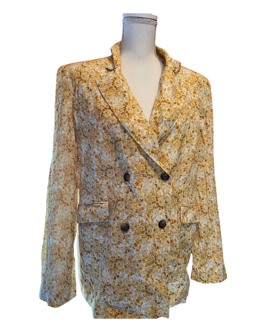 🌼 Blazer femme XXL – Céleste – jaune et blanc fleuri – léger – peut se fermer ou non