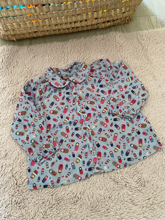 💙 Blouse bleu clair motifs poupées russes – Bout’chou – 6 mois