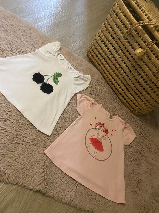 Lot 2 tuniques bébé – Rose & blanche – 6 mois