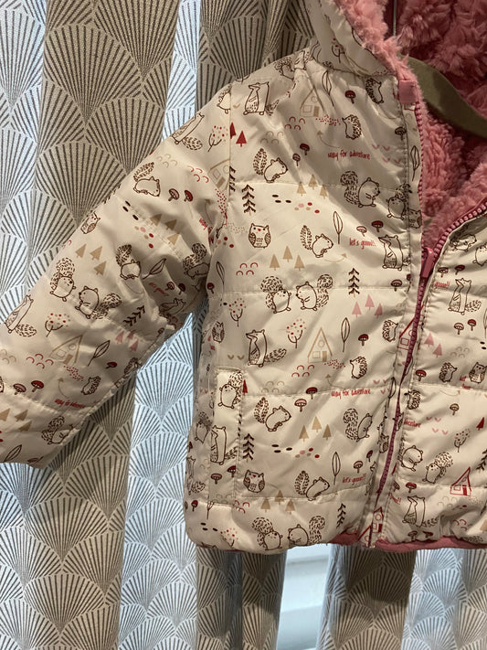 🌸 Doudoune rose et blanche motif forêt – Losan – 6/9 mois