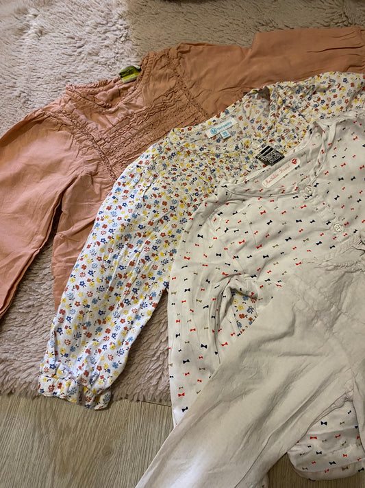 👚 Lot 4 blouses bébé fille – 18 mois – blanc, écru & rose – TAO, Obaïbi, Super U