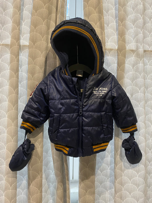 ❄️ Doudoune marine déco jaune avec moufles – La Redoute – 9 mois