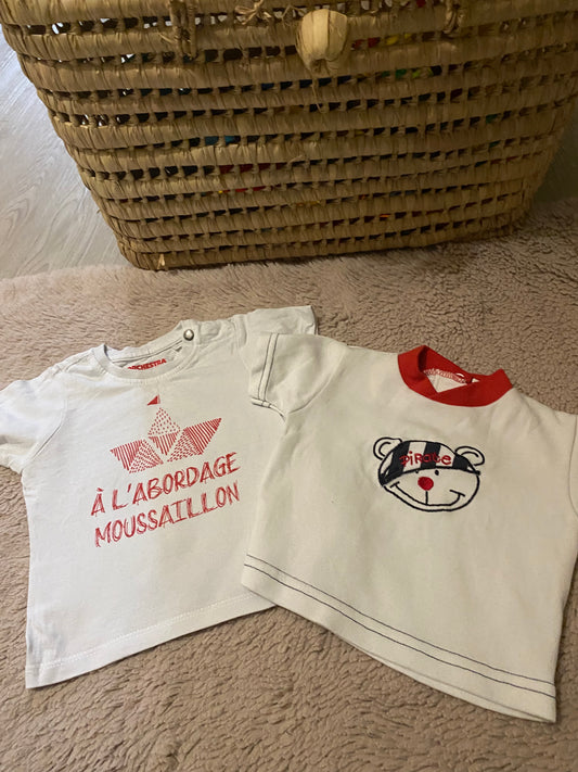 Lot 2 t-shirts manches courtes motifs bateau – Orchestra & sans marque – 3 mois