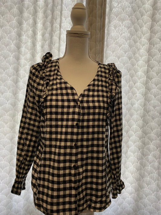 Chemise épaisse à carreaux noir & blanc avec froufrous épaules – Charlior – M