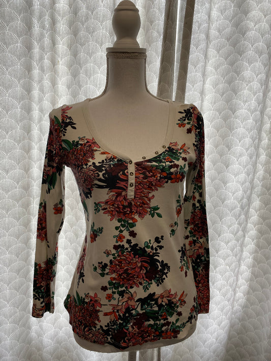 T-shirt blanc à motifs fleuris CAMAÏEU – Taille M 🌸